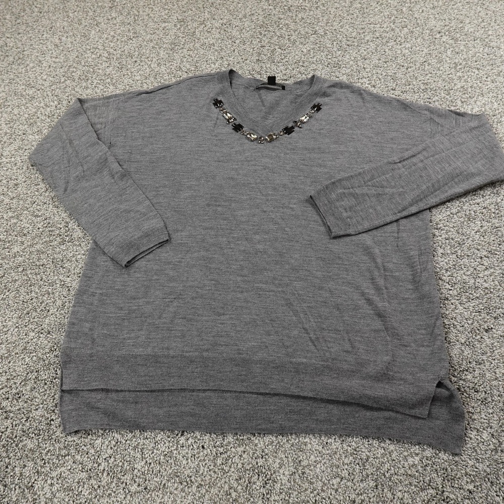 Ann‎ Taylor Sweater Womens L Gray Italian Merino Wool Pullover V Neck Cozy Soft